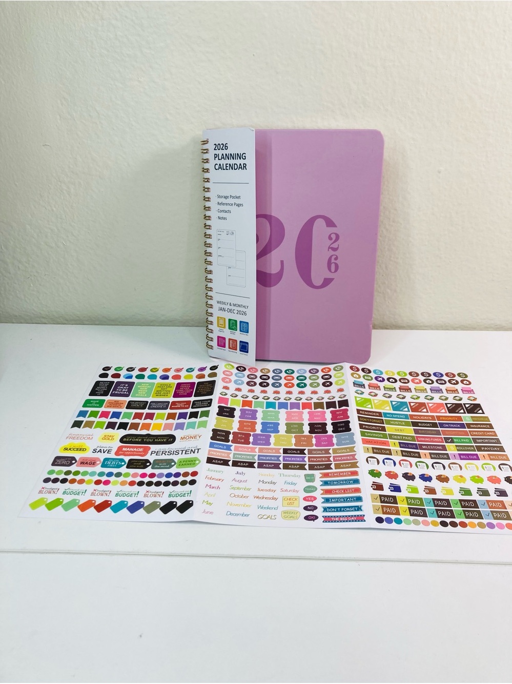 NWT 2026 Planning Calendar Pink Spiral Notebook with Planner Stickers and Pocket